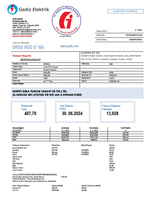 Turkey Gediz Elektrik business utility bill template in Word and PDF formats, fully editable
